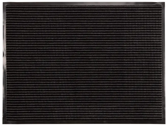 Rektangulært sort dørmåtte med vandret ribbet tekstur. Holdbart materiale, fanger snavs og fugt, og giver en skridsikker overflade til indgangspartier.