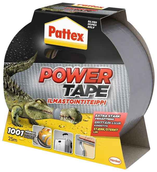 Pattex Power Tape, sølvfarvet, 25 meter lang, ekstra stærk lim, egnet til reparationer, tætning og fastgørelse. Rulle i emballage med brugseksempler.