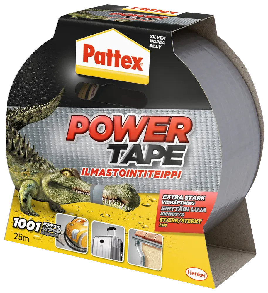 Pattex Power Tape, sølvfarvet, 25 meter lang, ekstra stærk lim, egnet til reparationer, tætning og fastgørelse. Rulle i emballage med brugseksempler.