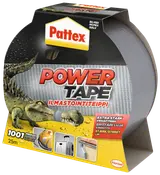 Pattex Power Tape, sølvfarvet, 25 meter lang, ekstra stærk lim, egnet til reparationer, tætning og fastgørelse. Rulle i emballage med brugseksempler.