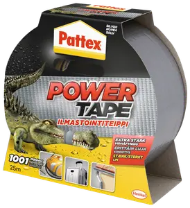 Pattex Power Tape, sølvfarvet, 25 meter lang, ekstra stærk lim, egnet til reparationer, tætning og fastgørelse. Rulle i emballage med brugseksempler.