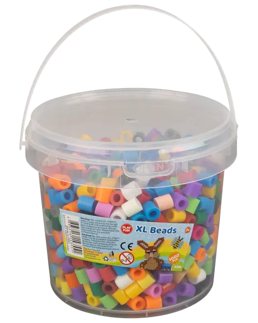 Plastikspand med 1000 XL perler i forskellige farver til hobby. Cylindriske perler, egnet til børns kreative projekter. Spanden har hank og låg.