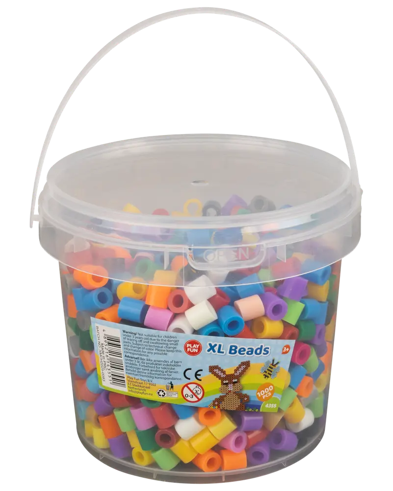 Plastikspand med 1000 XL perler i forskellige farver til hobby. Cylindriske perler, egnet til børns kreative projekter. Spanden har hank og låg.