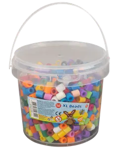 Plastikspand med 1000 XL perler i forskellige farver til hobby. Cylindriske perler, egnet til børns kreative projekter. Spanden har hank og låg.