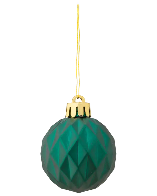 Grønt juletræskugle med facetslebet diamantmønster, guldfarvet top og gul ophængssnor. Fremstillet i plastik, ideel til juletræspynt. Moderne og festligt design.