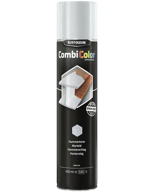 400 ml spraydåse Rust-Oleum CombiColor Hammertone maling, sølvfarve, til metaloverflader. Giver rustbeskyttelse og hamret finish. Velegnet til indendørs og udendørs brug.
