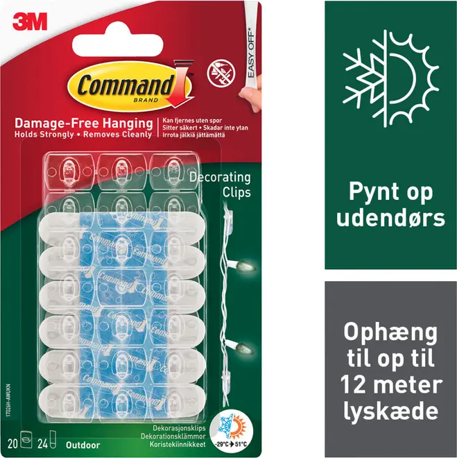 Förpackning med 20 genomskinliga Command dekorationsklämmor och 24 remsor, för utomhusbruk, skadar inte ytan, håller upp till 12 meter ljusslinga, väderbeständig.