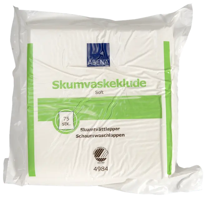 Pakke med 75 bløde skumvaskeklude fra Abena, velegnet til skånsom rengøring. Produktet er hvidt og leveres i en plastpose til sensitiv hud.