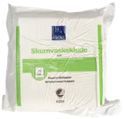 Pakke med 75 bløde skumvaskeklude fra Abena, velegnet til skånsom rengøring. Produktet er hvidt og leveres i en plastpose til sensitiv hud.