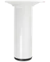 Høj, cylindrisk hvid piedestalbord med blank finish. Har en bred, flad top og en robust sort base. Moderne design egnet til udstilling eller som accentmøbel.