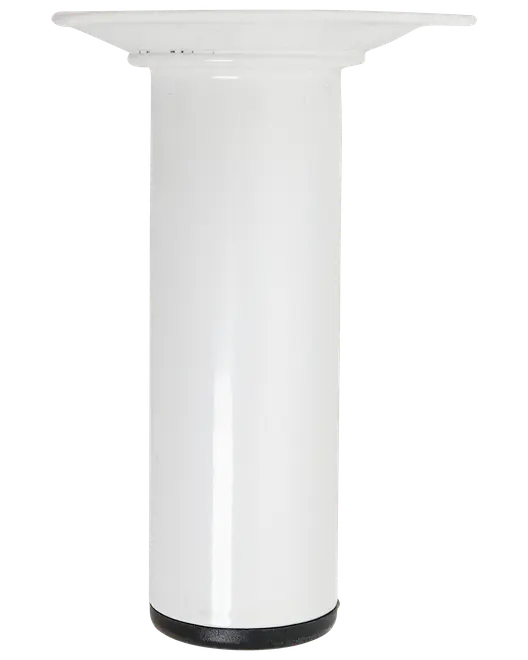 Høj, cylindrisk hvid piedestalbord med blank finish. Har en bred, flad top og en robust sort base. Moderne design egnet til udstilling eller som accentmøbel.