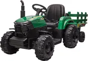 Grøn og sort elektrisk legetraktor med store robuste hjul, rat, komfortabelt sæde og bagmonteret trailer. Perfekt til børn, udendørs leg og fantasifulde bondegårdsoplevelser.