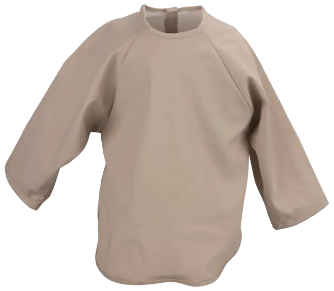 Beige langærmet pullover med rund hals, raglanærmer og løs pasform.