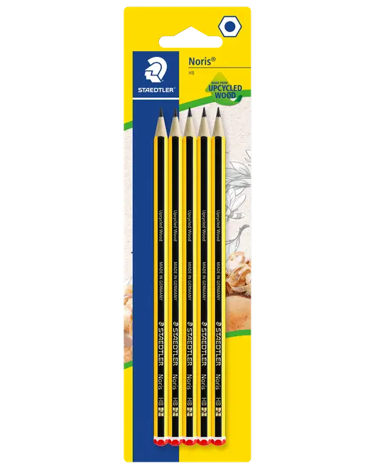Pakke med fem Staedtler Noris HB-blyanter, sort og gulstribet, sekskantet form, røde ender, lavet af genanvendt træ, egnet til skrivning og tegning, blisterpakning.