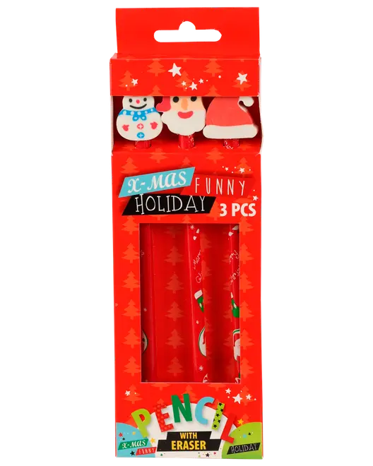 Set med tre röda julpennor med festliga motiv och suddgummin formade som snögubbe, tomte och tomteluva. Levereras i dekorativ presentförpackning.