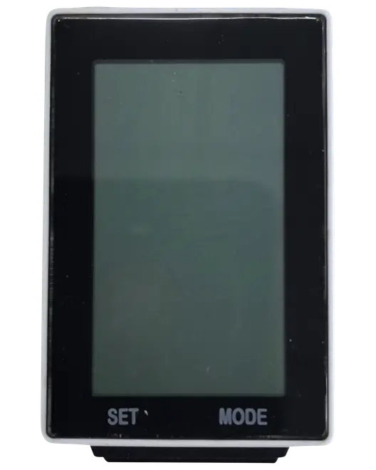 Digitalt displayapparat med stor rektangulær skærm, sort ramme og to knapper mærket 'SET' og 'MODE' nederst. Velegnet til elektroniske måleformål.