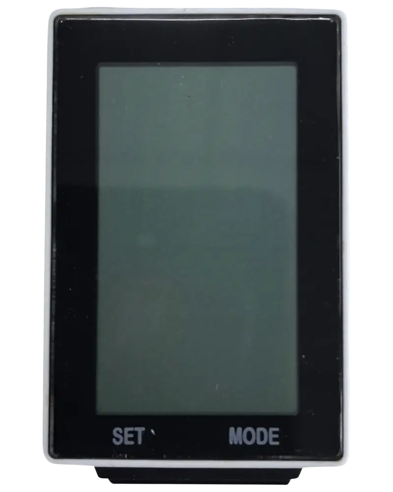 Digitalt displayapparat med stor rektangulær skærm, sort ramme og to knapper mærket 'SET' og 'MODE' nederst. Velegnet til elektroniske måleformål.