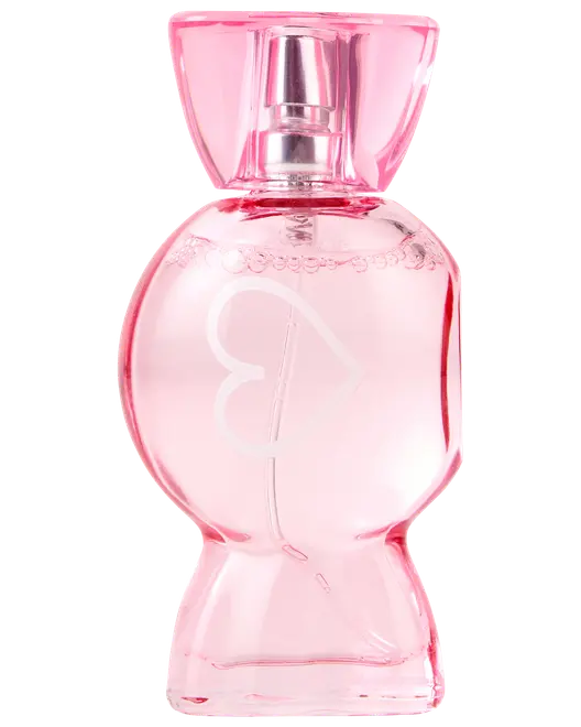 Lyserød parfume flaske med hjerte-design på fronten, rund form og stor, gennemsigtig lyserød hætte. Elegant og feminin emballage til duft.