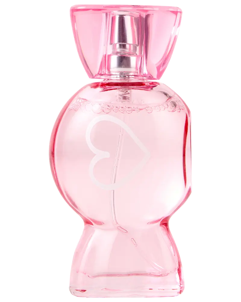 Lyserød parfume flaske med hjerte-design på fronten, rund form og stor, gennemsigtig lyserød hætte. Elegant og feminin emballage til duft.