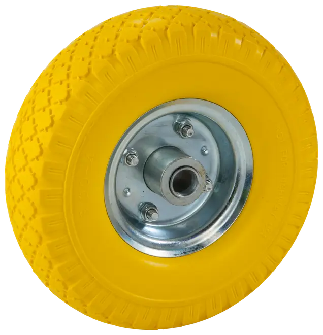 Gult massivt gummihjul med mönstrad slitbana och silverfärgad nav i metall. Passar vagnar eller kärror. Centralt axelhål. Hållbar och punkteringsfri design.