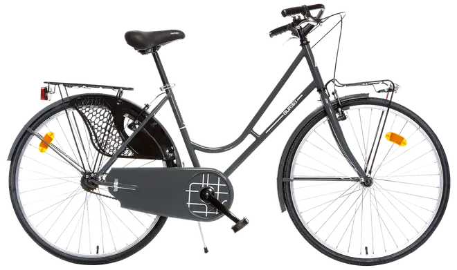 Klassisk stadscykel med lågt insteg, svart färg, pakethållare, kedjeskydd, stänkskärmar och reflexer. Upprätt styre och bekväm sadel för vardagsbruk.
