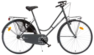 Klassisk stadscykel med lågt insteg, svart färg, pakethållare, kedjeskydd, stänkskärmar och reflexer. Upprätt styre och bekväm sadel för vardagsbruk.