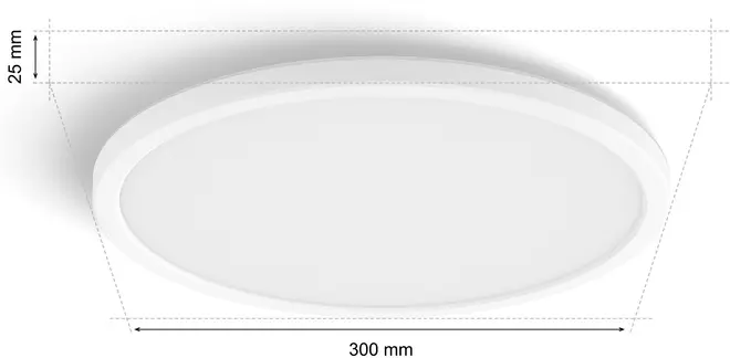 Rundt, hvidt LED-loftlys, 300 mm i diameter, 25 mm højt, slankt design, glat overflade, moderne stil, velegnet til forskellige indendørs rum, giver jævn og klar belysning.