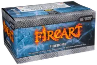 Rektangulær æske mærket 'Firecart Firebomb' med 35 farverige effekter. Indeholder fyrværkeri med rød og grøn kokos, hvid og guld strobe, fløjte og guld chrysanthemum.