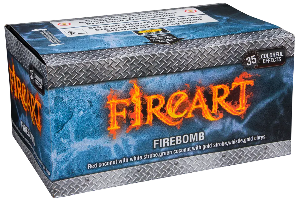 Rektangulær æske mærket 'Firecart Firebomb' med 35 farverige effekter. Indeholder fyrværkeri med rød og grøn kokos, hvid og guld strobe, fløjte og guld chrysanthemum.
