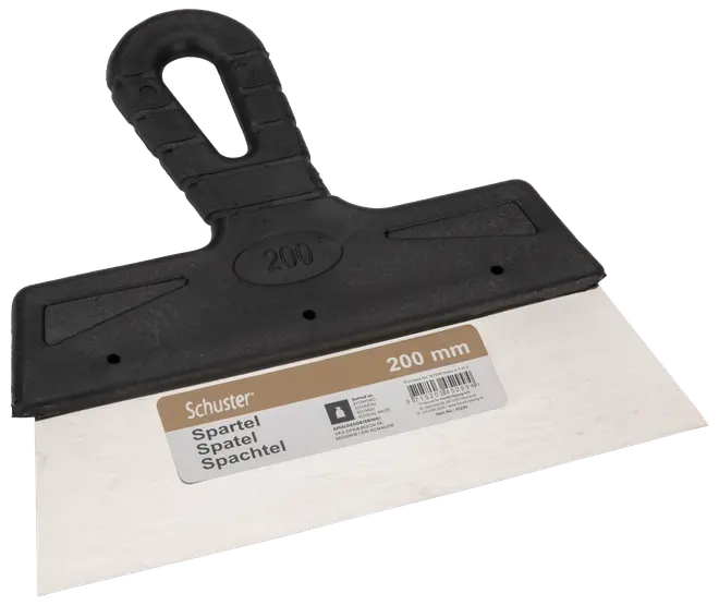 Bred spartel med 200 mm rustfri stålklinge og sort plastikhåndtag, ideel til udjævning eller påføring af spartelmasse på overflader.