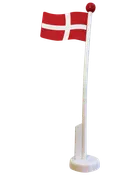 Bordflag med dansk flag, rød fod, hvid stang og rød-hvidt korsflag. Lavet af træ, velegnet til dekoration eller fest. Står oprejst på rund fod.