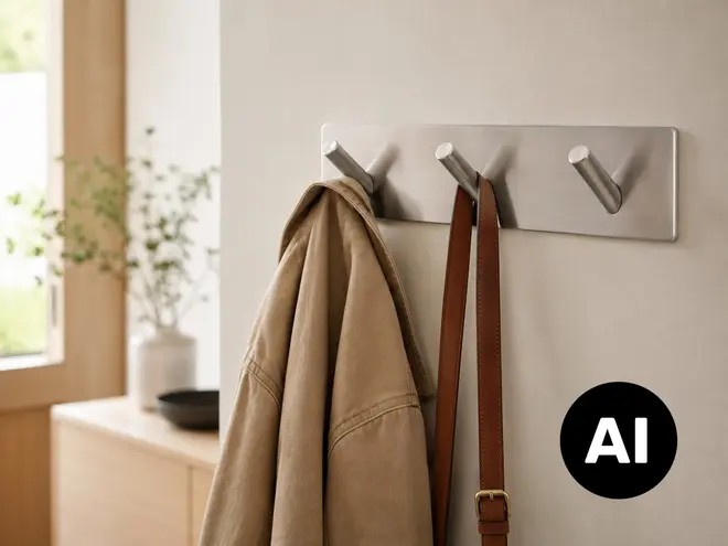 Vægmonteret knagerække i børstet sølv med tre skråtstillede kroge på en rektangulær metalplade, perfekt til frakker, tasker og bælter. - Billedet er skabt med AI