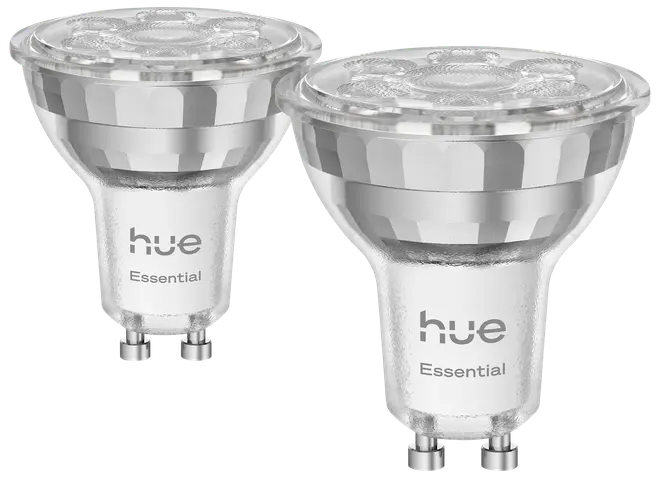 Sæt med to Philips Hue Essential GU10 LED-pærer, sølvfarvet, spotlysdesign, energieffektive, kompatible med smart belysning, synlige ben for nem montering.