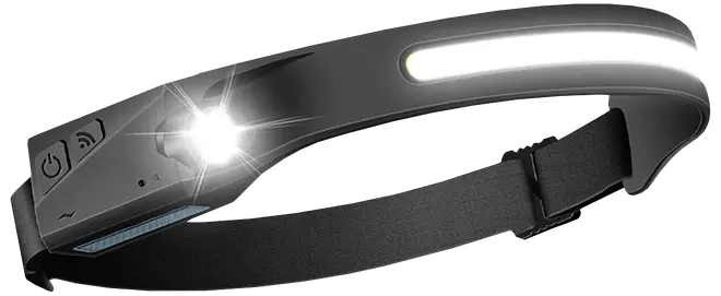 Svart justerbar LED-pannlampa med frontstrålkastare, bred ljusremsa och knappar för ström och sensor på sidan.