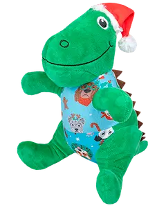 Grön dinosaurie-mjukisdjur med röd tomteluva och blå tröja med festliga djuransikten och polkagrisar. Mjuk, kramvänlig och perfekt som julklapp.