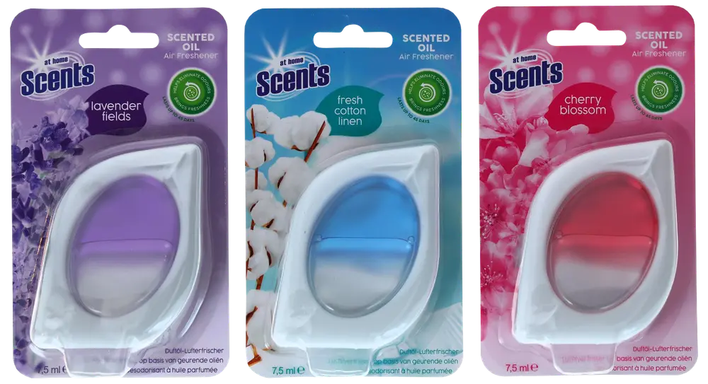 Sæt med tre duftolie-luftfriskere: lavendel, frisk bomuldslinned og kirsebærblomst. Hver indeholder 7,5 ml farvet væske i en plastbeholder.