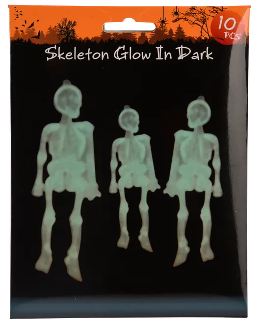 Pakke med 10 selvlysende plastik-skeletdekorationer i forskellige størrelser. Perfekt til Halloween eller fest. Skeletterne er flade med enkel knogledetalje.