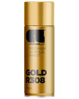 400 ml spraydåse med Cosmoslac premium akrylmaling i guld, mærket GOLD R308. Giver en metallisk guldfinish, velegnet til forskellige overflader.