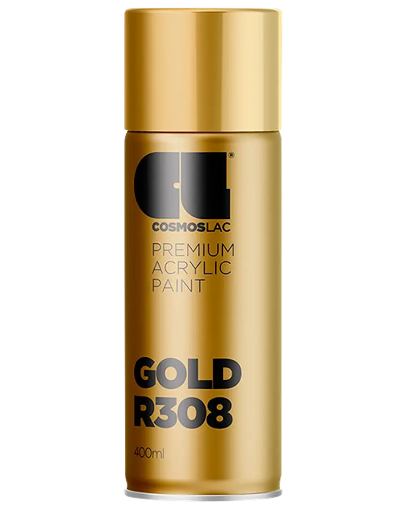 400 ml spraydåse med Cosmoslac premium akrylmaling i guld, mærket GOLD R308. Giver en metallisk guldfinish, velegnet til forskellige overflader.