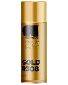400 ml spraydåse med Cosmoslac premium akrylmaling i guld, mærket GOLD R308. Giver en metallisk guldfinish, velegnet til forskellige overflader.