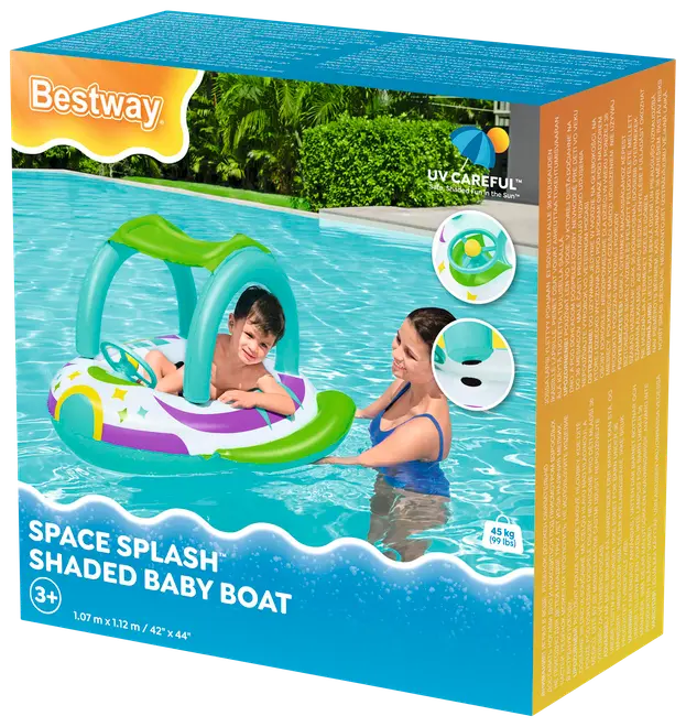 Uppblåsbar babybåt med solskydd, ratt och färgglad rymddesign. Passar barn från 3 år, max 45 kg. Perfekt för pool, ger solskydd.