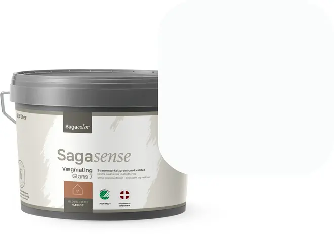Sagacolor Sagasense vægmaling, 2,5 liter, lys nuance. Plastspand med hank, mærket premium kvalitet, indendørs brug og miljømærke. Halvblank finish.