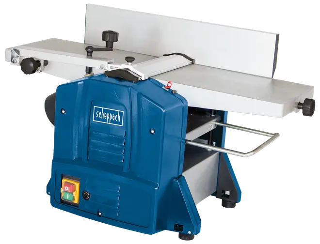 Blå Scheppach afretter-høvlebænk med justerbart hegn, sikkerhedsafbryder og robust metalkonstruktion. Velegnet til træbearbejdning med flad arbejdsflade og brugervenlige betjeningsknapper.
