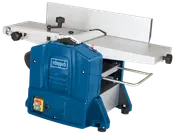 Blå Scheppach afretter-høvlebænk med justerbart hegn, sikkerhedsafbryder og robust metalkonstruktion. Velegnet til træbearbejdning med flad arbejdsflade og brugervenlige betjeningsknapper.