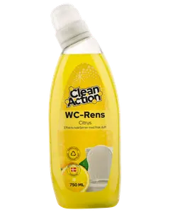 Clean Action WC-Rens Citrus toalettstädare, 750 ml flaska. Gul förpackning, vinklad kork, citrondoft, effektiv kalkborttagare, passar toaletter, danskt produkt, återvinningsbar förpackning.