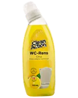 Clean Action WC-Rens Citrus toalettstädare, 750 ml flaska. Gul förpackning, vinklad kork, citrondoft, effektiv kalkborttagare, passar toaletter, danskt produkt, återvinningsbar förpackning.