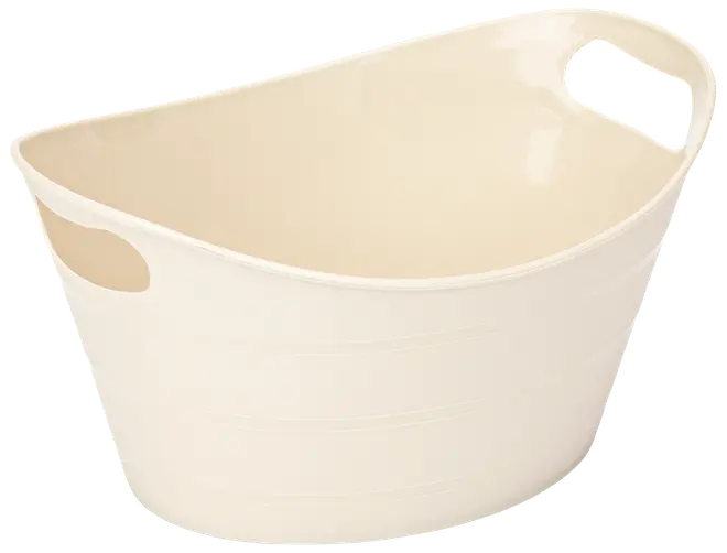 Cremefarvet plastik opbevaringskurv med to integrerede håndtag, oval form og glat finish. Perfekt til tøj, legetøj eller husholdningsartikler. Let og nem at bære.