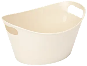 Cremefarvet plastik opbevaringskurv med to integrerede håndtag, oval form og glat finish. Perfekt til tøj, legetøj eller husholdningsartikler. Let og nem at bære.