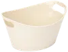 Rektangulær beige plastkurv med afrundede hjørner og to ovale udskårne håndtag på modsatte sider. Glat overflade, ideel til opbevaring af husholdningsartikler eller vasketøj.