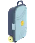 Børnekuffert med blå krop, lyseblå front, gult hjul og gult dyremærke. Har solidt håndtag og buede dekorative linjer på fronten.